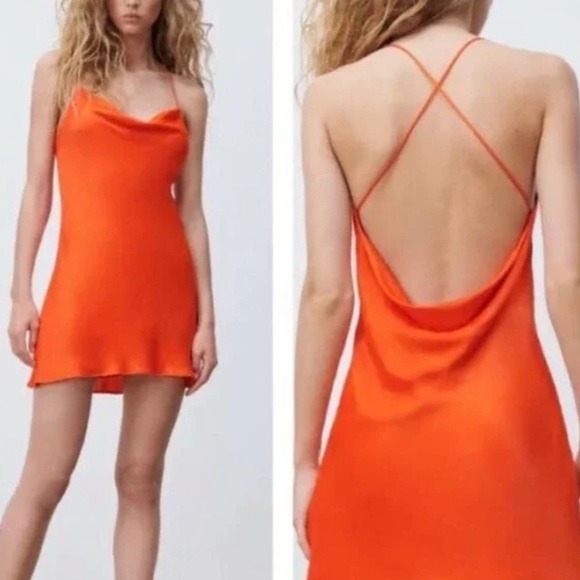 ZARA Satin Cowl Strappy Mini Dress Red Orange Small S - Picture 1 of 6